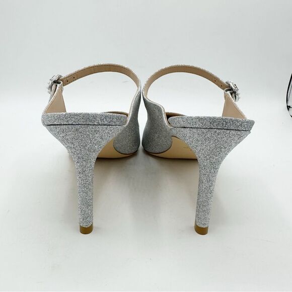 NEW‎ Stuart Weitzman Silver Shimmery Mule Heels Pearl Buckle Accent Size 9.5 - Picture 7 of 12